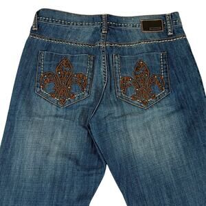 Petrol Nikki Jeans Womens 29X34 Blue Tall Whiskered Embroidered Fleur De Lis Y2K